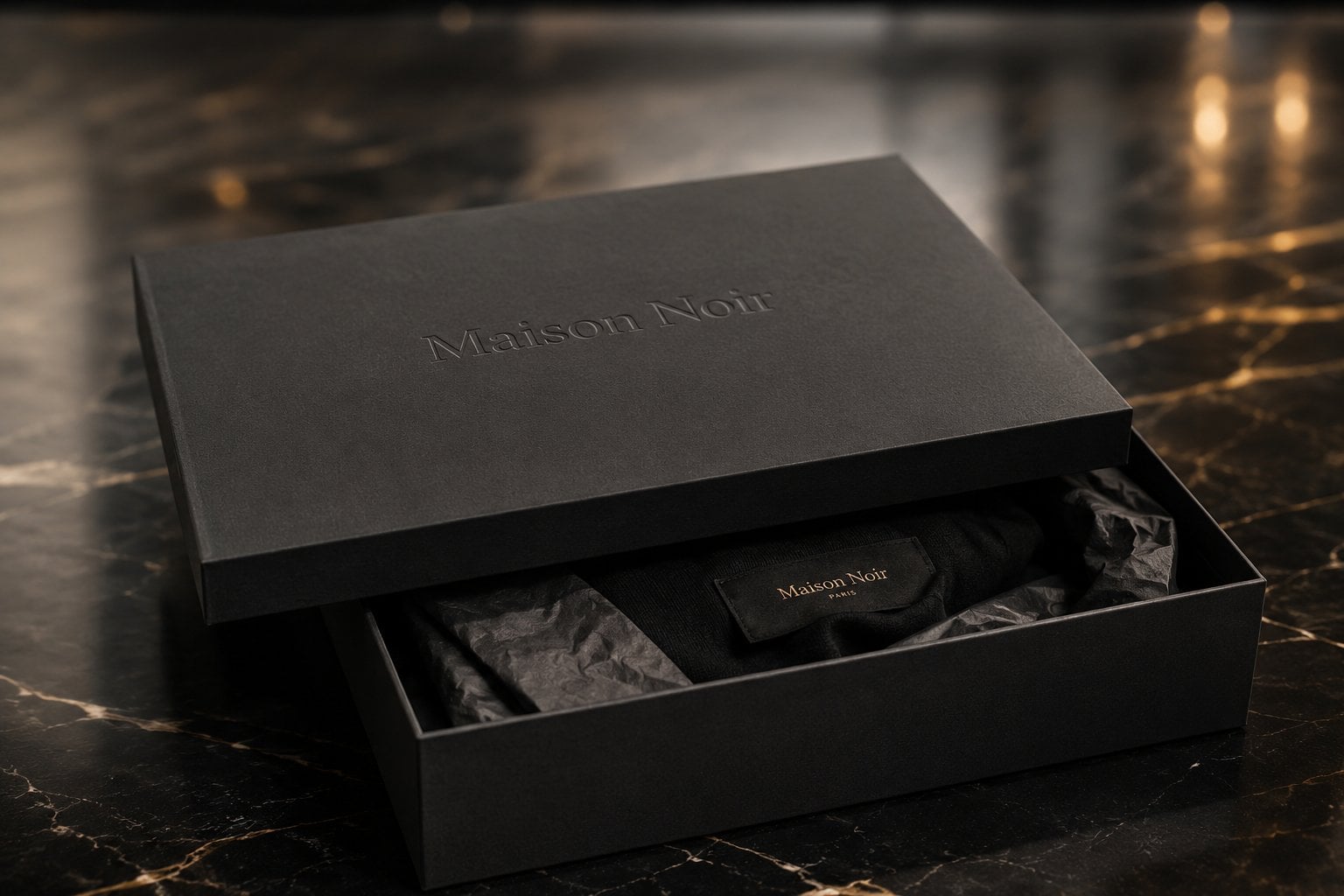 Foil-stamped magnetic-closure rigid box opening to reveal a premium product in a soft-touch tray