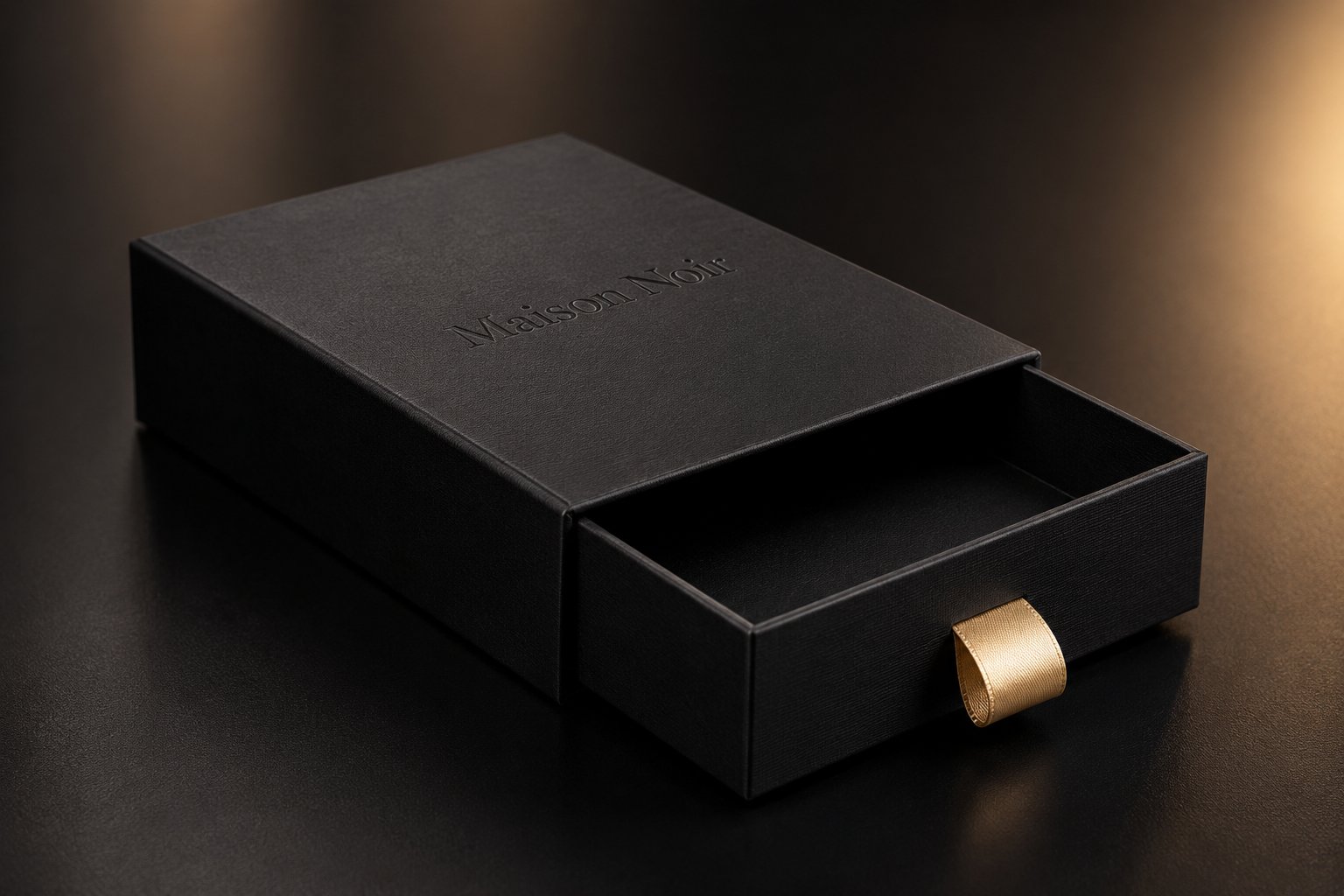 Matchbox-style drawer rigid box sliding open to reveal a product in a fitted insert