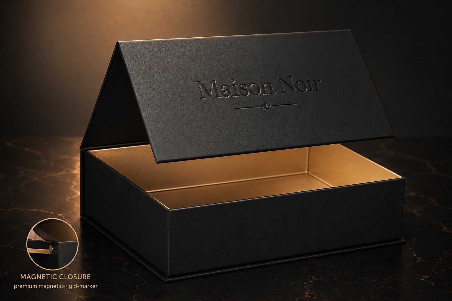 Book-style magnetic-closure rigid box opening with a soft snap to reveal a product in a tray