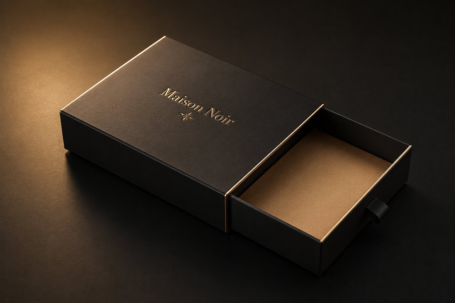 Rigid tray sliding out of a printed sleeve to reveal a product, clean and modern packaging