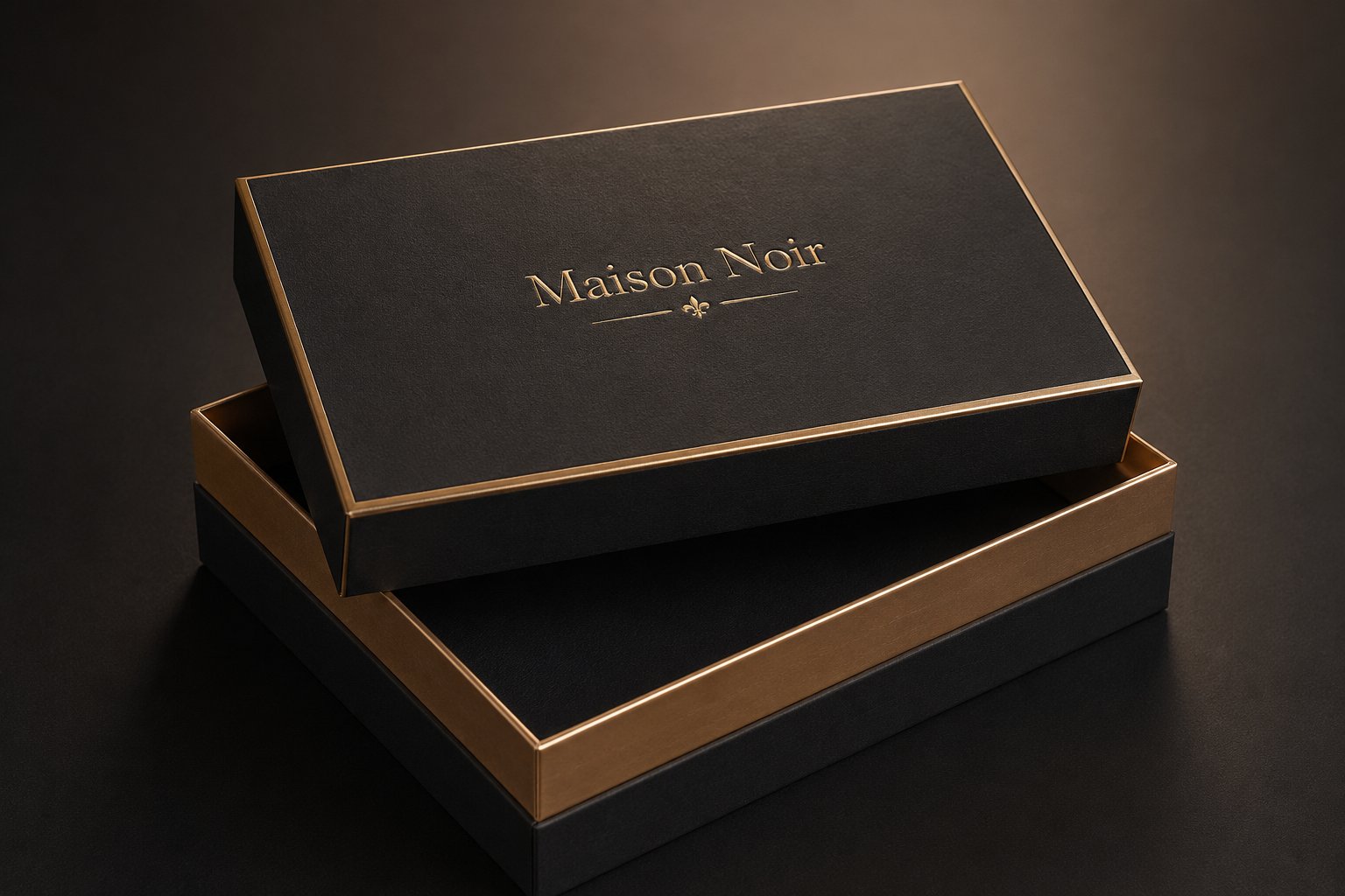 Foil-stamped two-piece rigid box with a lift-off lid revealing a product in a fitted insert