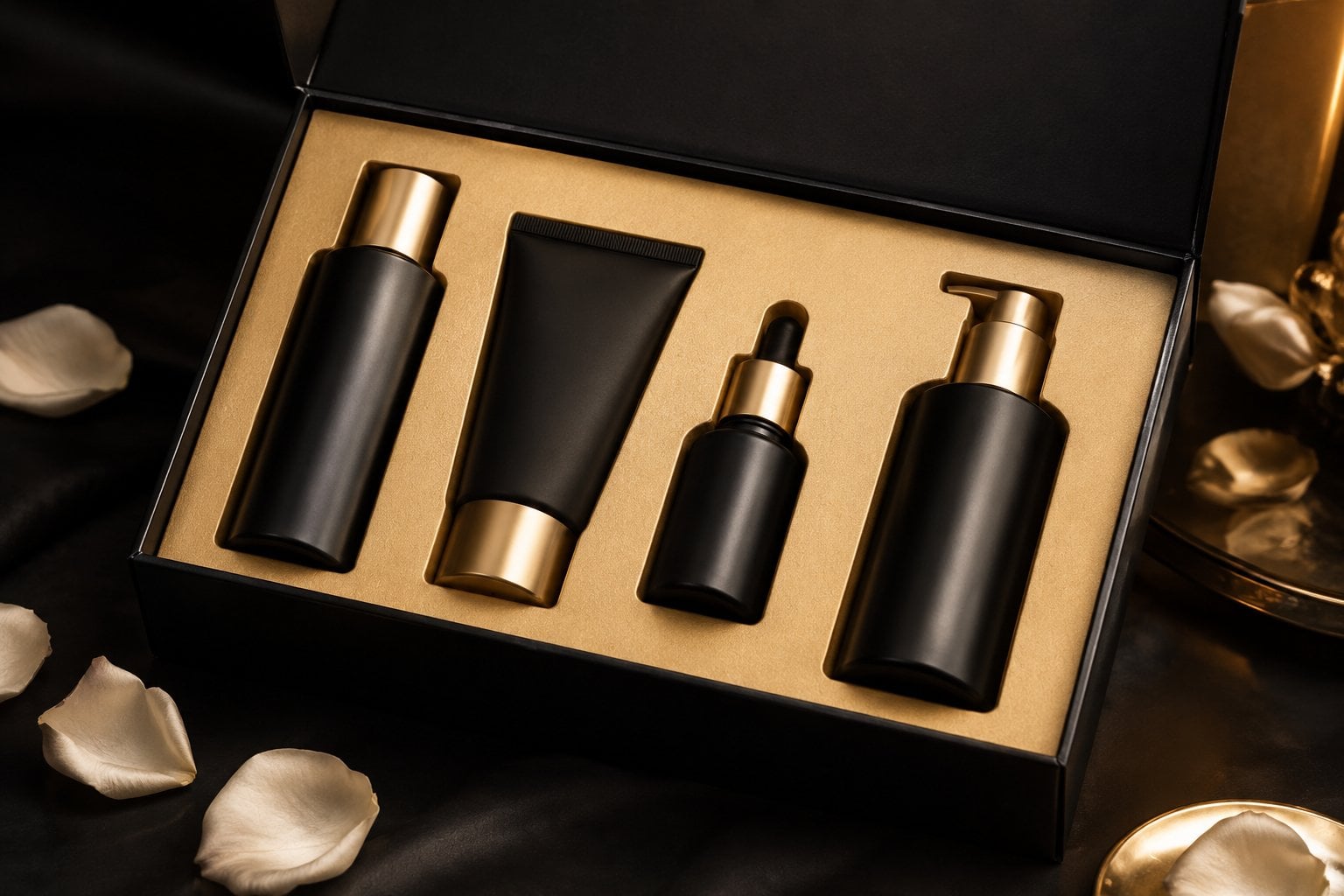 Magnetic and drawer rigid boxes presenting a curated beauty gift set