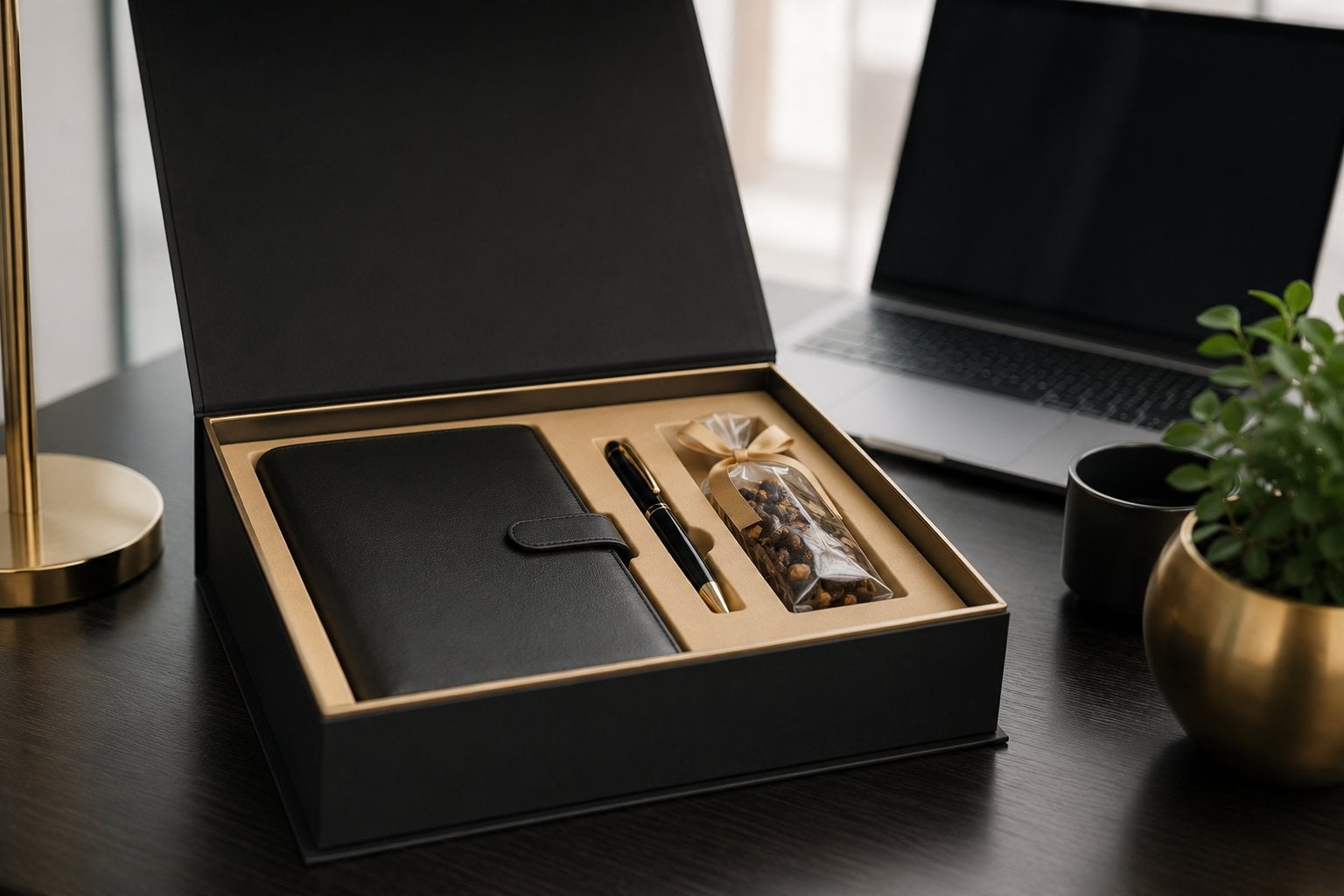 Foil-stamped two-piece rigid boxes prepared as premium corporate gifts