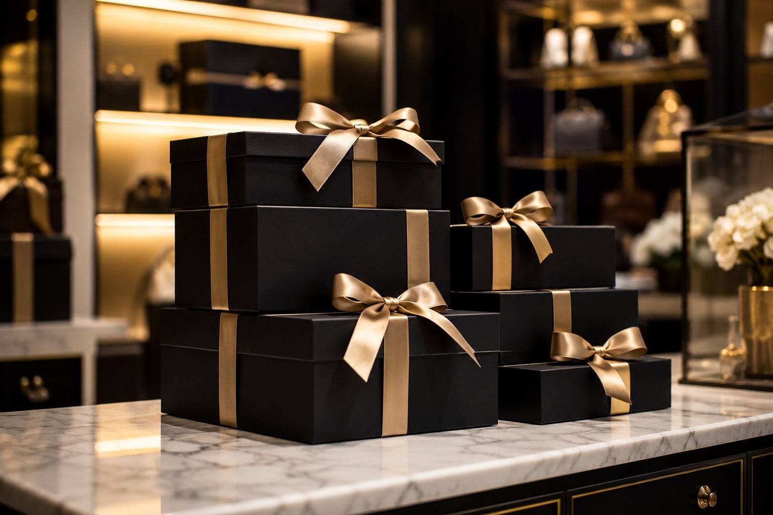Foil-stamped rigid boxes on a luxury retail counter presenting premium products