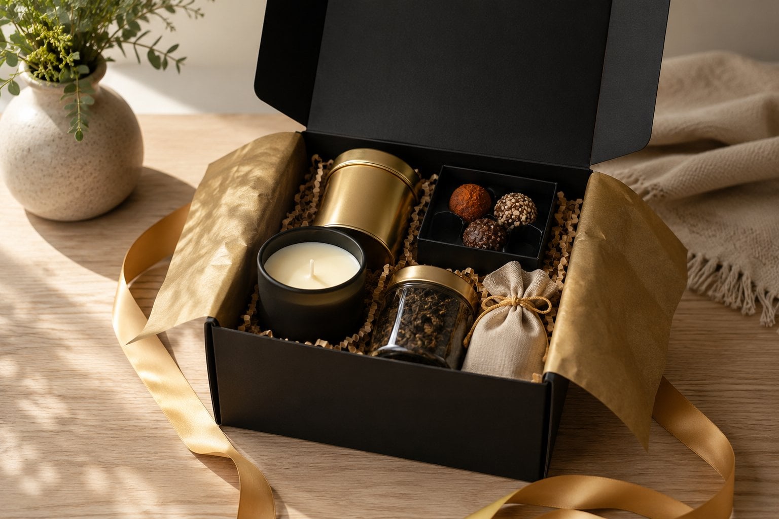 Rigid mailer boxes with printed interiors packed for a monthly subscription shipment