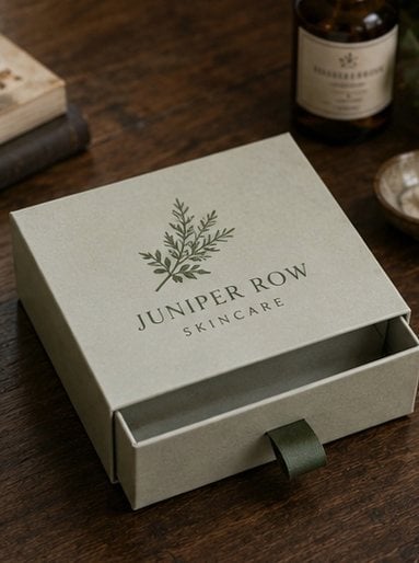 Matchbox-style drawer rigid box sliding open to reveal a product in a fitted insert